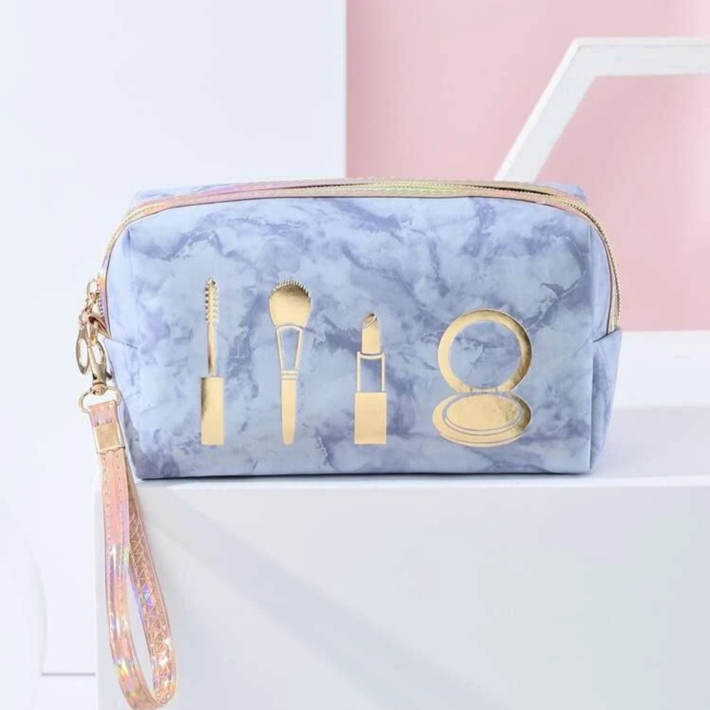 1Pc Blue Marble Portable Waterproof Large Capacity Makeup Bag For Women Girls